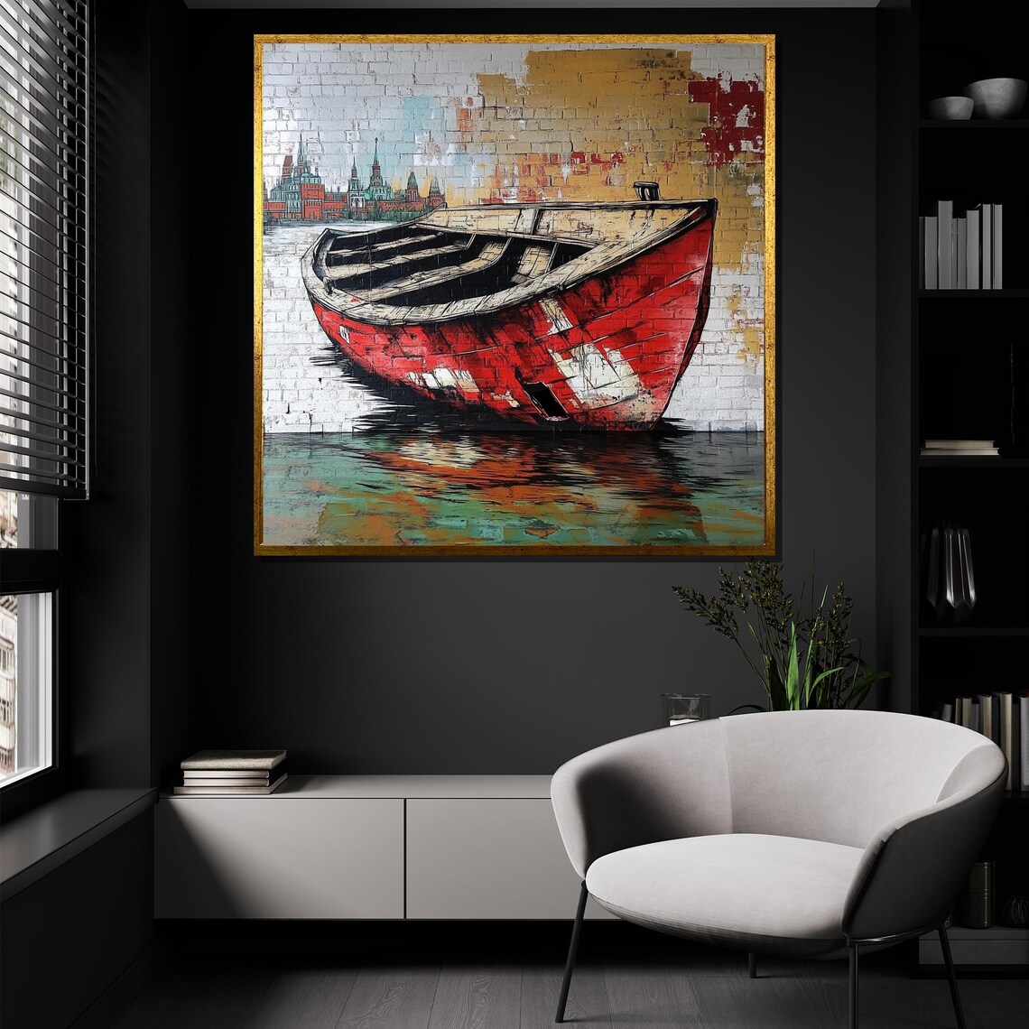 Old Vintage Red Wooden Boat Brick Wall Coastal Nautical Poster - Image 2