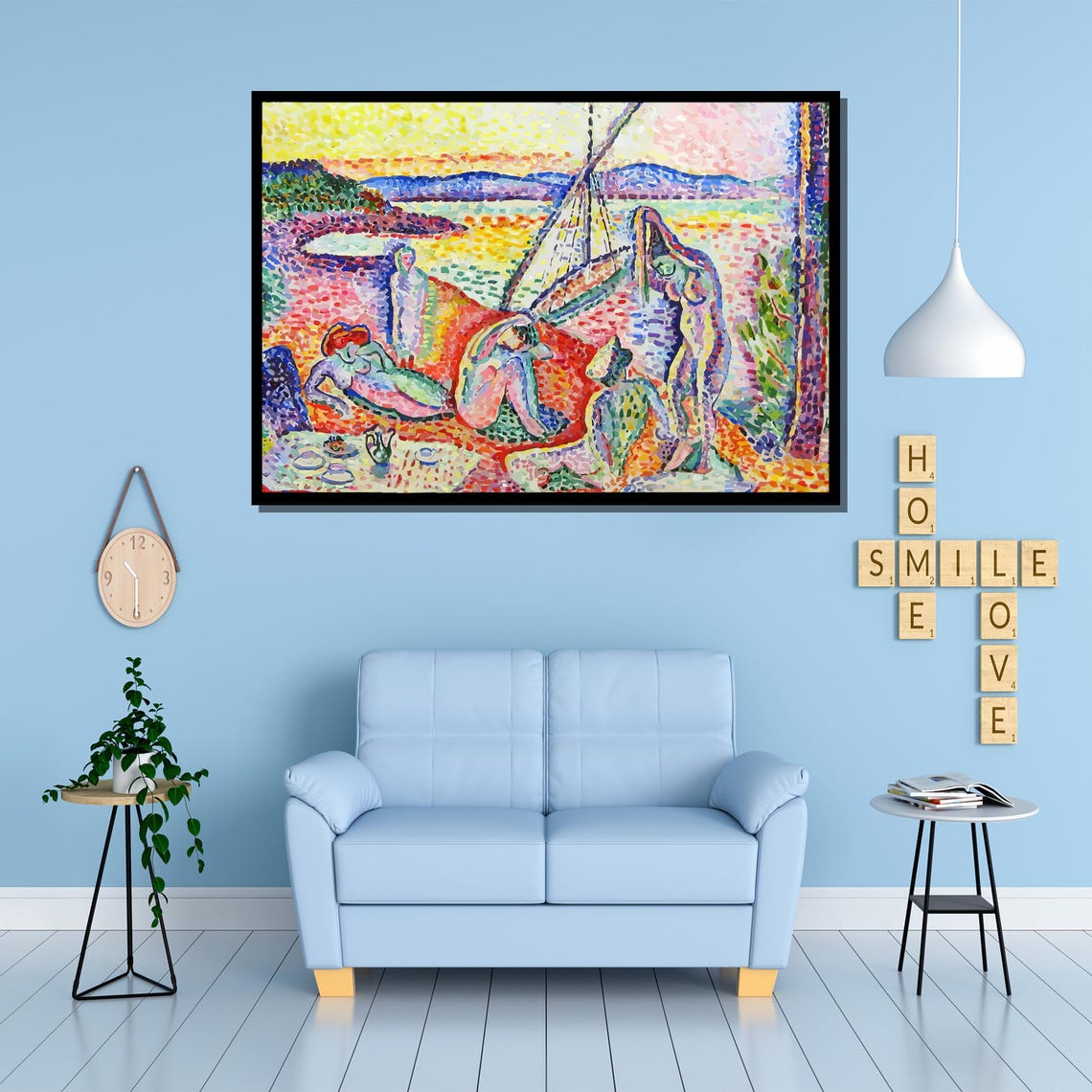 Matisse Style Pointillist Beach Bathers With Sailboat Scene Poster - Image 2