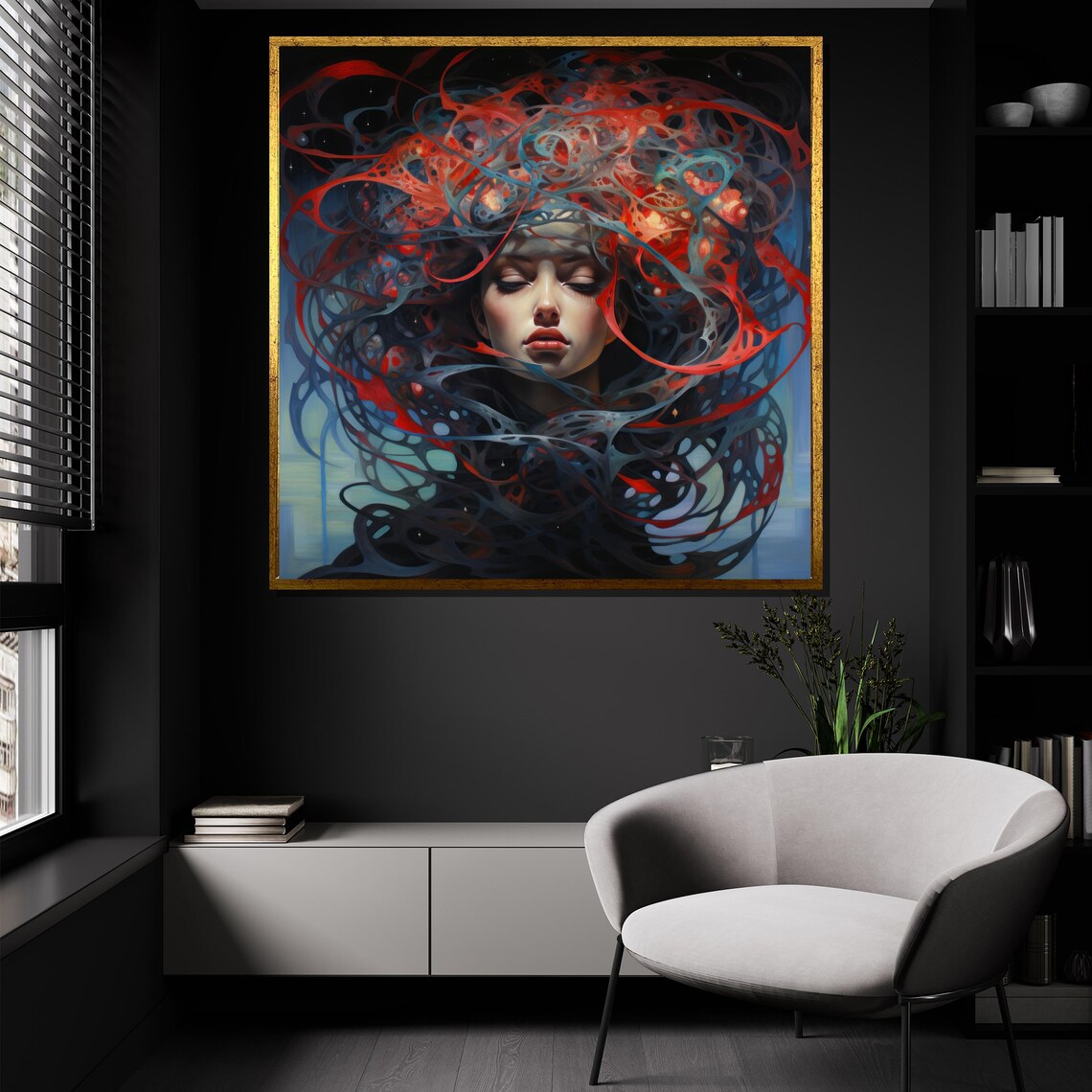Mystic Woman Cosmic Swirling Red Blue Hair Fantasy Portrait Poster - Image 4