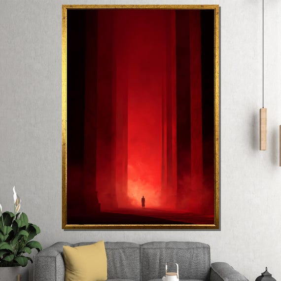 Surreal Red Corridor Canvas Painting Symbolic Lone Figure In Abstract Space Bold Dreamlike Wall Art Emotional Gift For Home