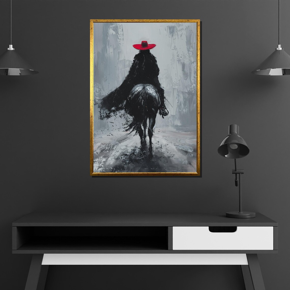 Lone Cowboy Riding Into Mist Red Hat Western Silhouette Poster - Image 2