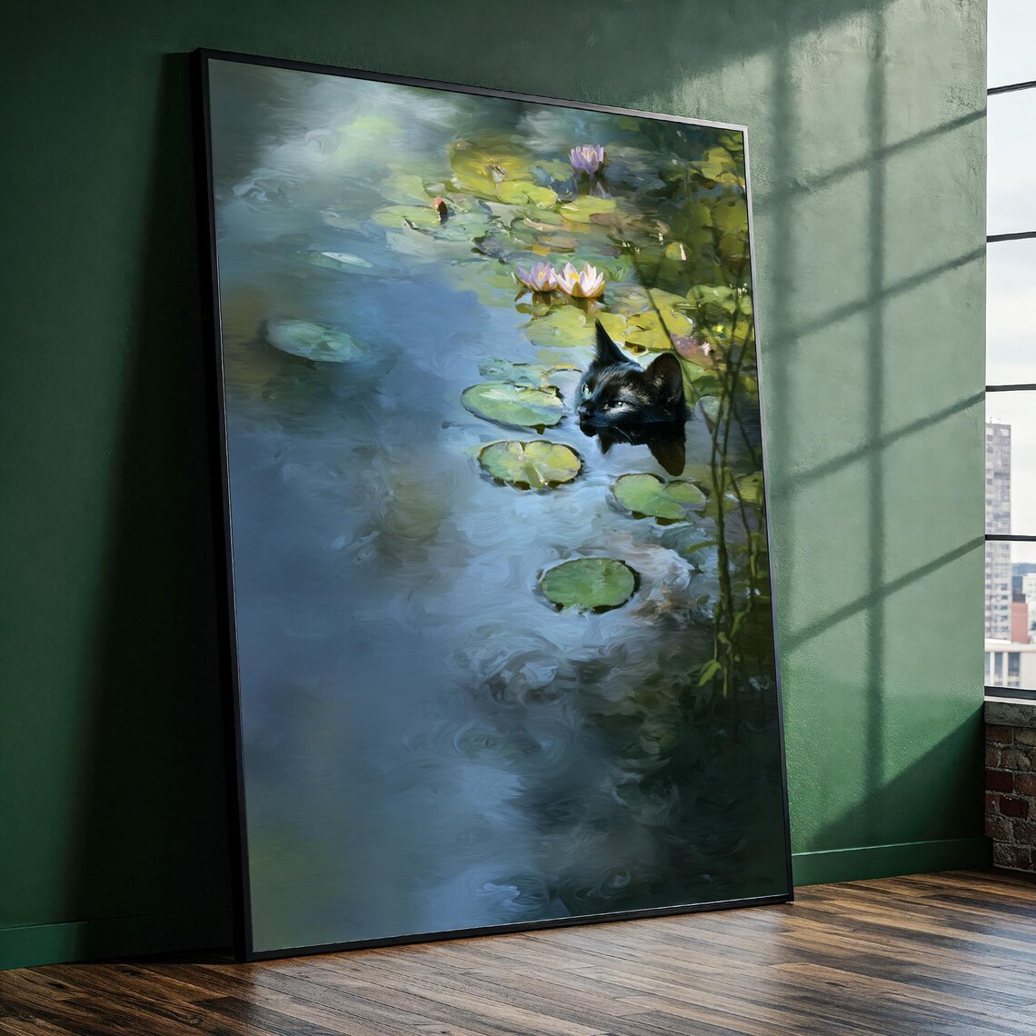 Black Cat Swimming Through Water Lilies Dreamy Impressionist Pet Painting Poster