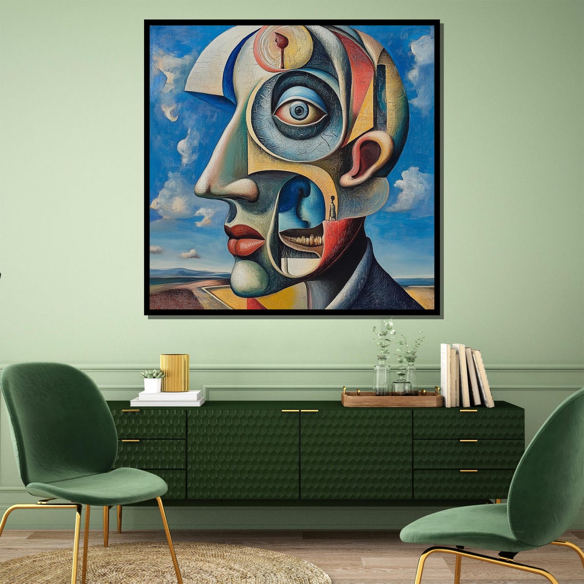 Surreal Abstract Face Portrait Cubist Style Blue Sky Art Poster - Image 3