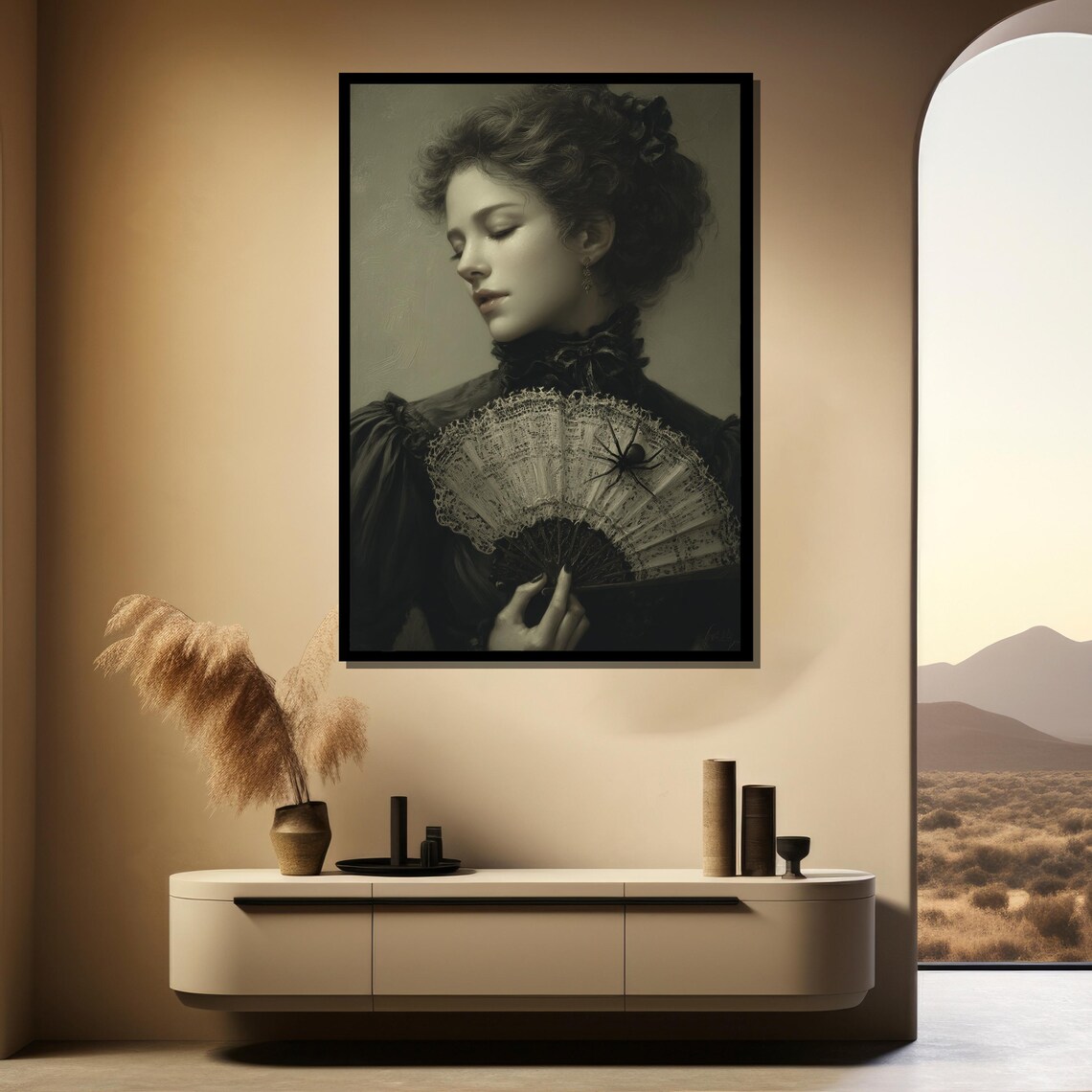 Elegant Gothic Lady Victorian Black Dress Lace Fan Spider Dark Portrait Poster - Image 3