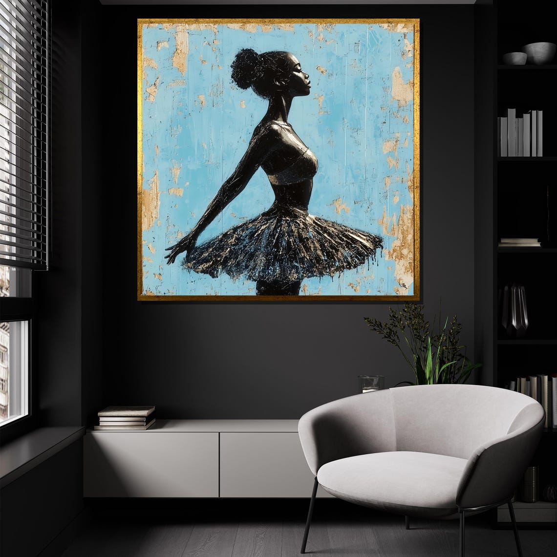 Graceful Ballerina Silhouette Against Golden Blue Background Poster - Image 3