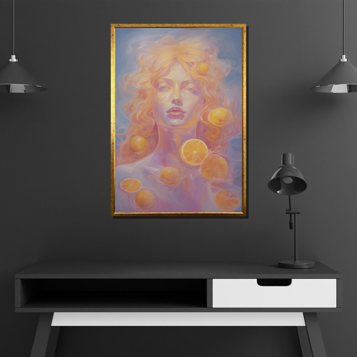 Surreal Golden Goddess Orange Fruits Dreamy Pastel Art Poster - Image 2