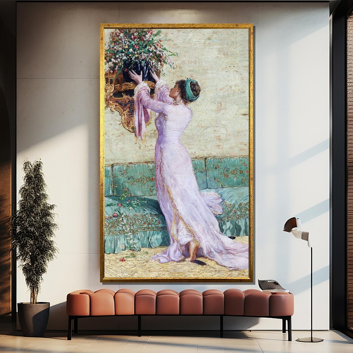 Elegant Lady in Pink Gown Arranging Flowers Victorian Interior Poster - Image 4