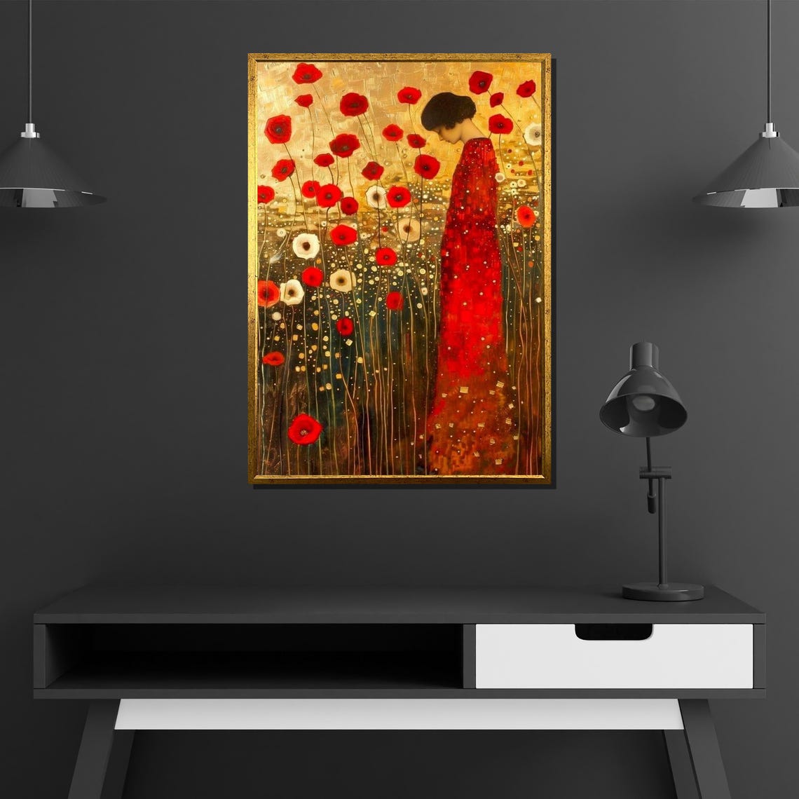 Golden Red Poppy Woman, Klimt-Inspired Art Print - Image 4