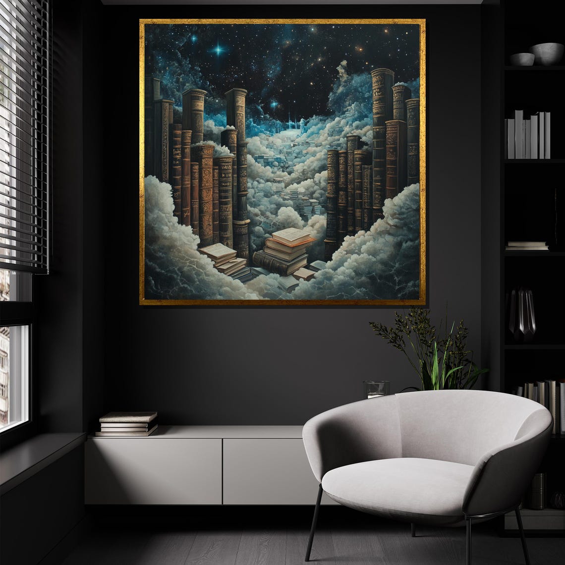 Cosmic Library Giant Book Towers Among Clouds Starry Night Poster - Image 4