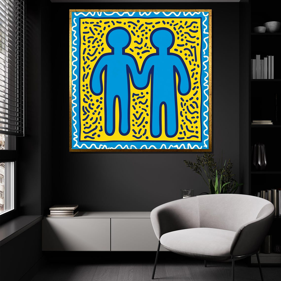 Keith Haring Inspired Blue Friends Holding Hands Together Pop Poster - Image 2