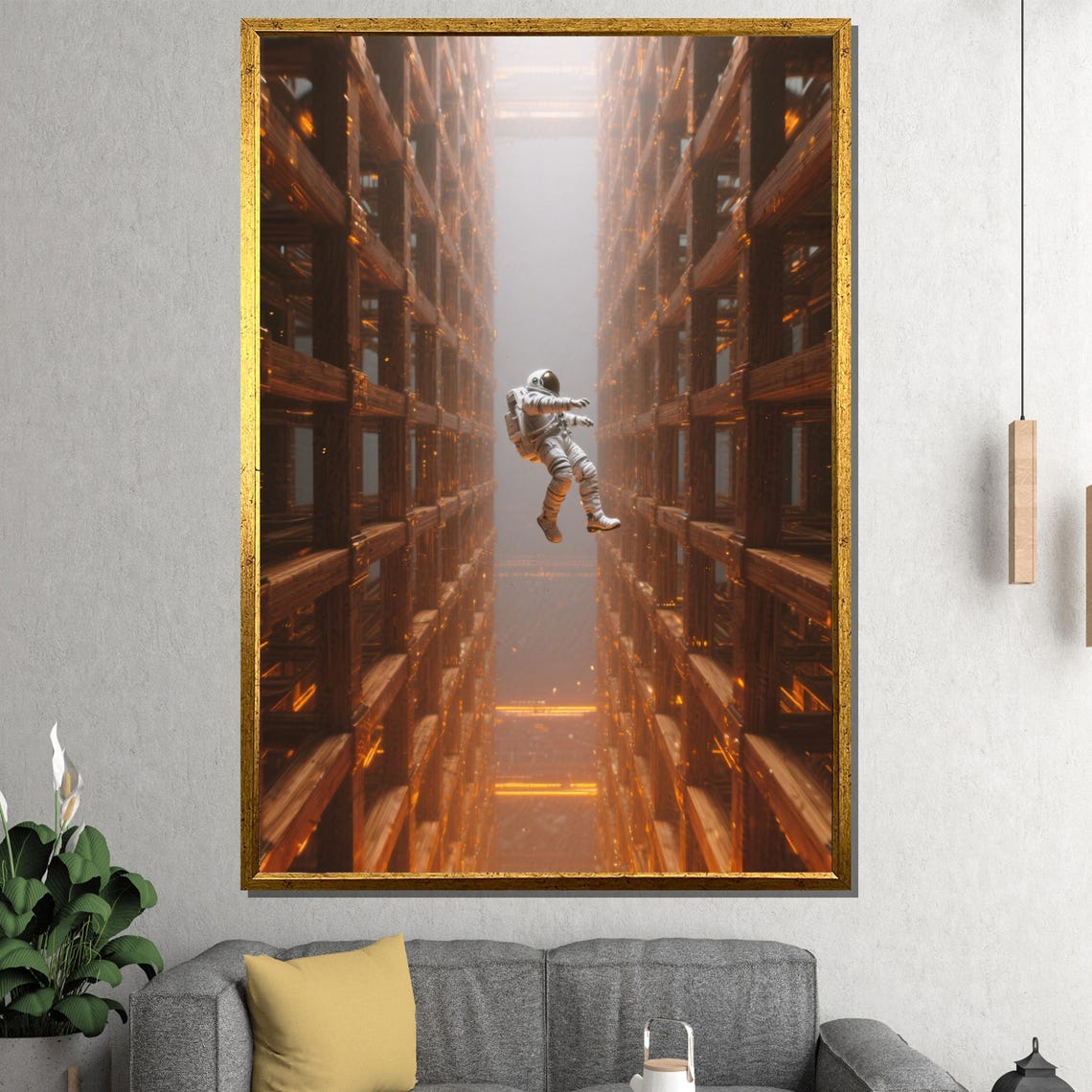 Astronaut Floating in Futuristic Glowing Orange Corridor Sci Fi Poster - Image 3