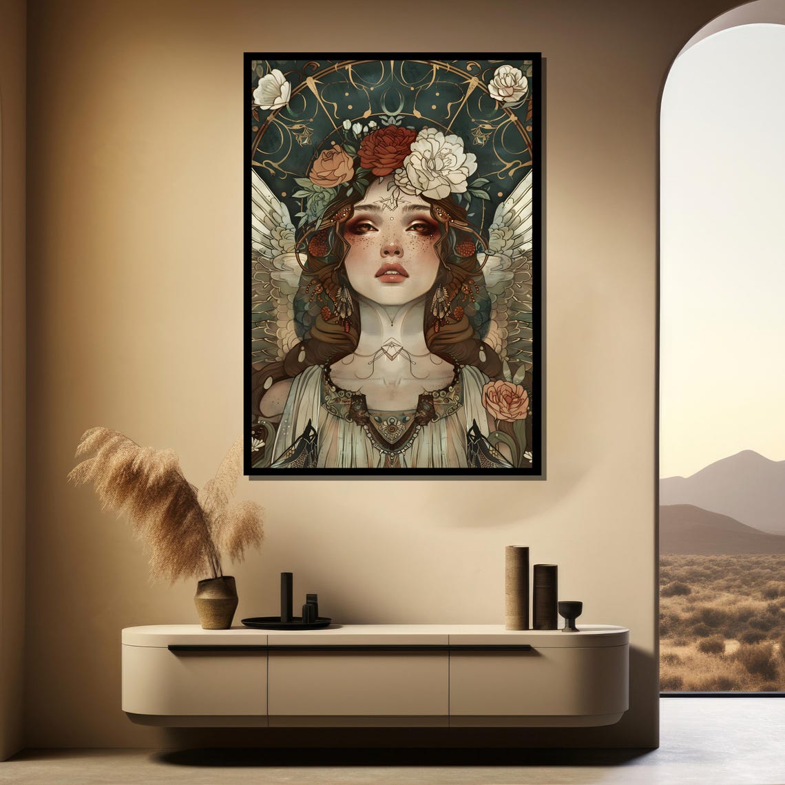 Fantasy Goddess Angelic Woman With Floral Crown Dark Botanical Poster - Image 3