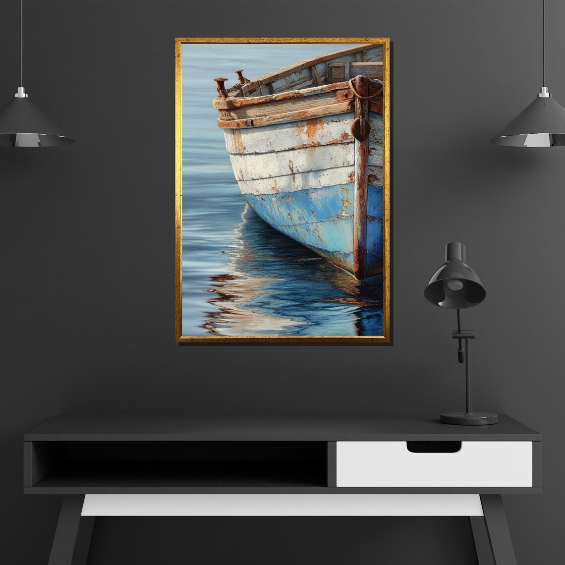 Weathered Blue Wooden Boat Hull Closeup Calm Water Reflection Nautical Poster - Image 4