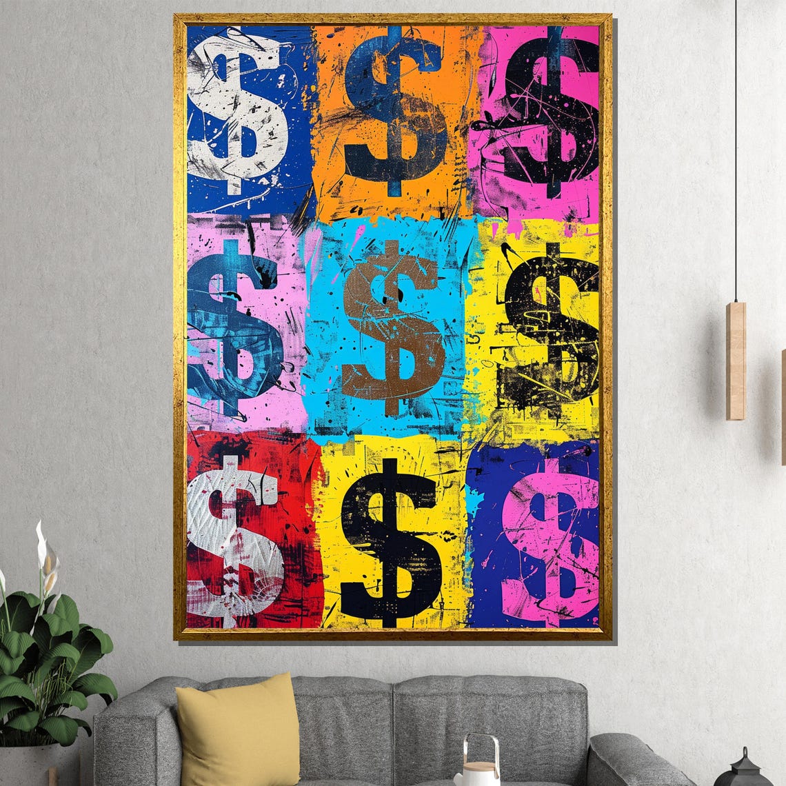 Pop Art Dollar Sign Neon Grid Bold Money Statement Wall Poster