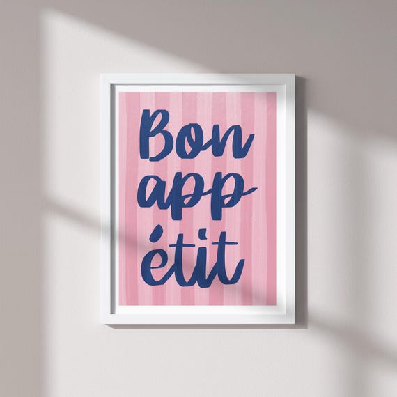 Bon Apptit Print Pink Striped French Quote Kitchen Art