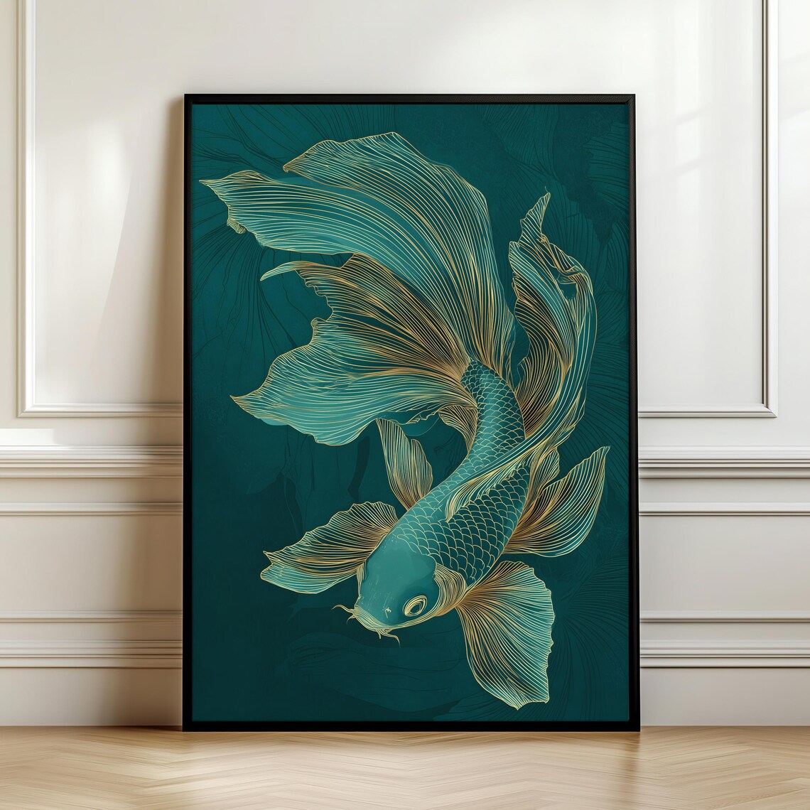 Emerald Green Koi Fish Gold Line Art Elegant Japanese Style Poster