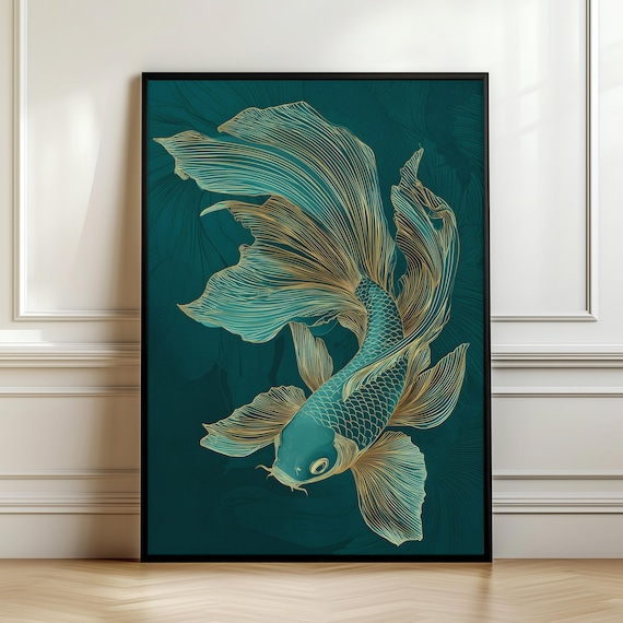 Striking Emerald Green Koi Fish Wall Art Print Gold Line Japanese Poster Luxury Asian Decor Zen Minimalist Artworkdigital