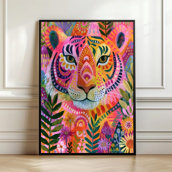 Colorful Tiger Wall Art Folk Painting Botanical Animal Print Boho Maximalist Decor Lover Gift Digital Download