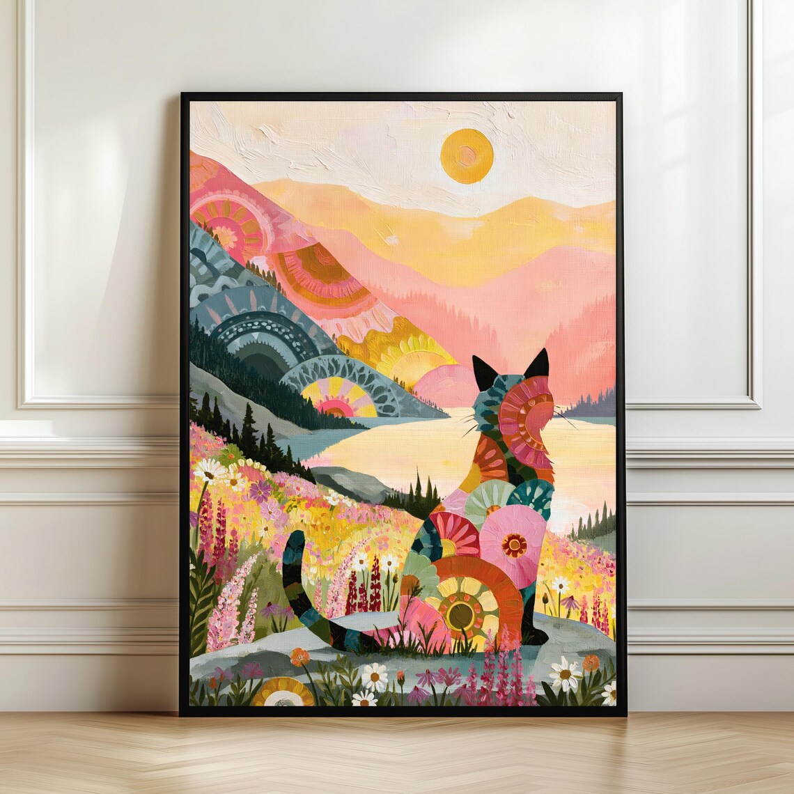 Floral Landscape Cat Art Print, Boho Nature