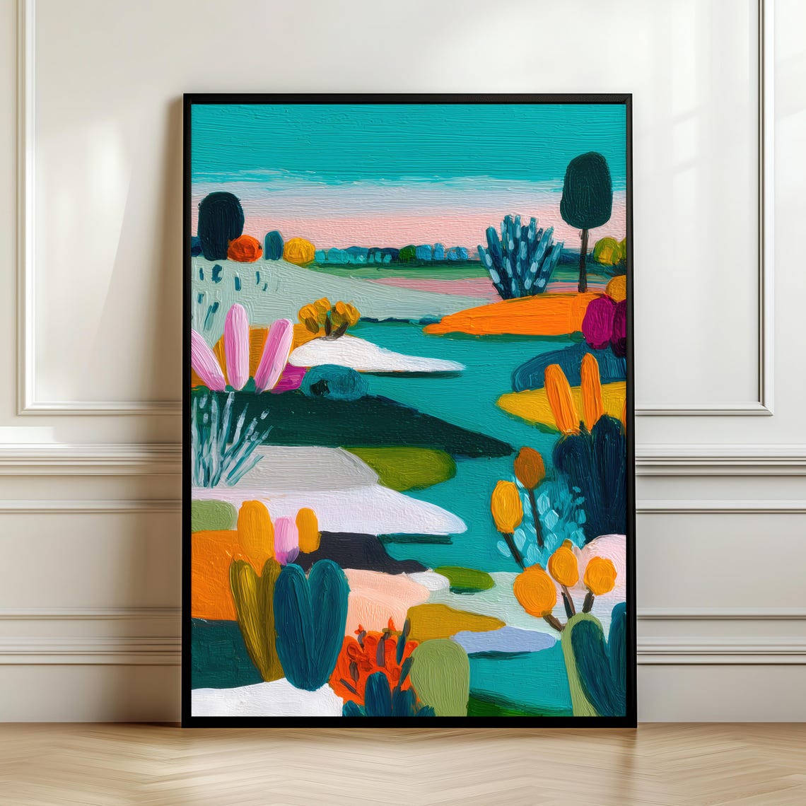 Vibrant Colorful Abstract Landscape Painting Teal Orange Art Poster