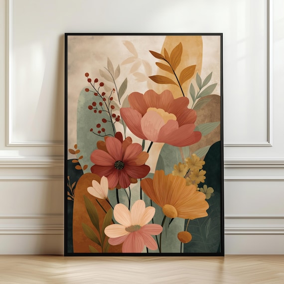Boho Floral Design Warm Earth Tone Botanical Abstract Flower Poster