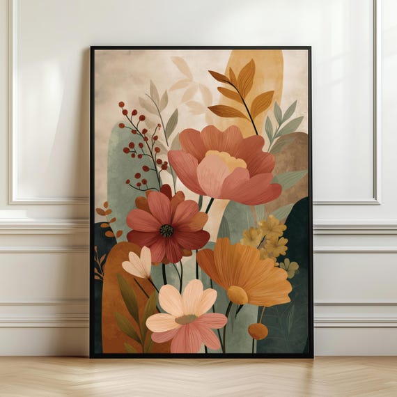 Boho Floral Wall Art Warm Earth Tone Botanical Poster Modern Abstract Flower Print Neutral Bohemian Decor Digital Download
