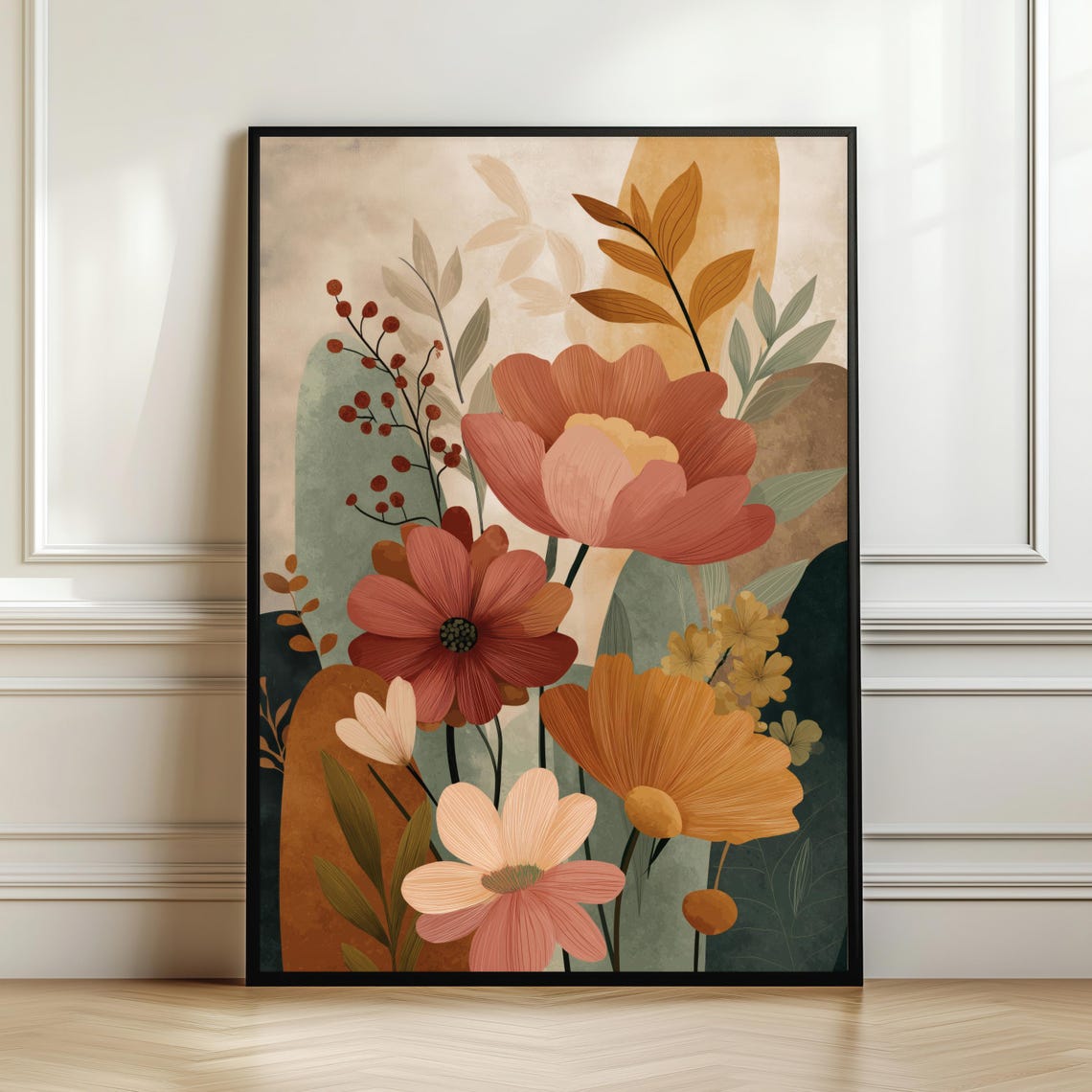 Boho Floral Design Warm Earth Tone Botanical Abstract Flower Poster