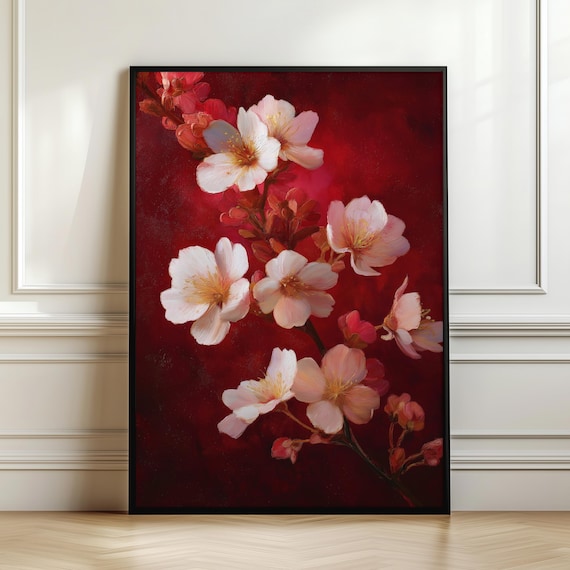 Japanese Cherry Blossom Wall Art Sakura Flower Print Red Floral Decor Botanical Artwork Asian Zen Poster Gift For Her Digital Download