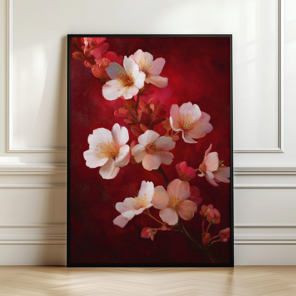 White Cherry Blossom Branch on Bold Red Floral Painting Wall Art