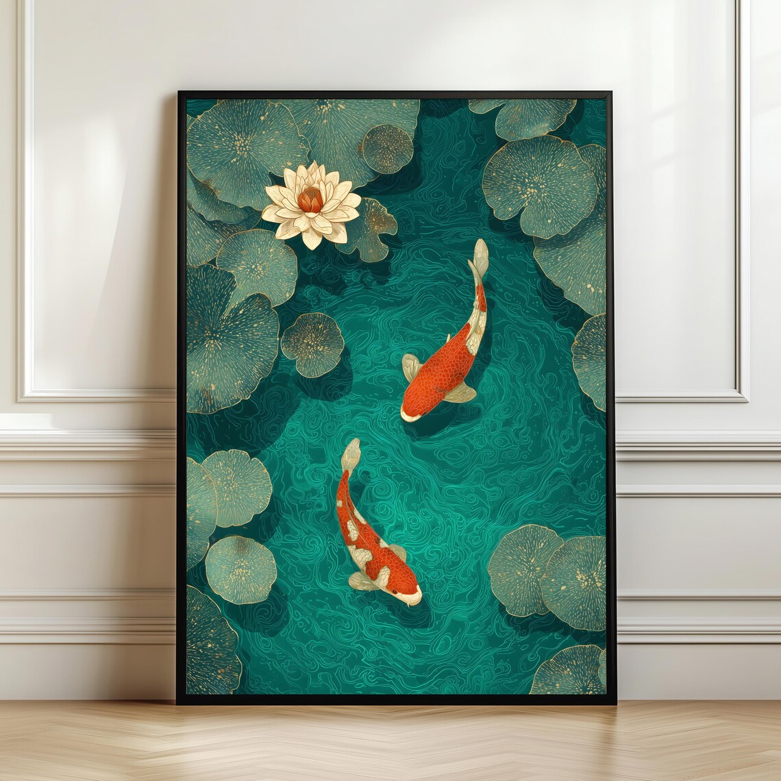 Koi Fish Pond Art Print, Modern Japanese Illustration