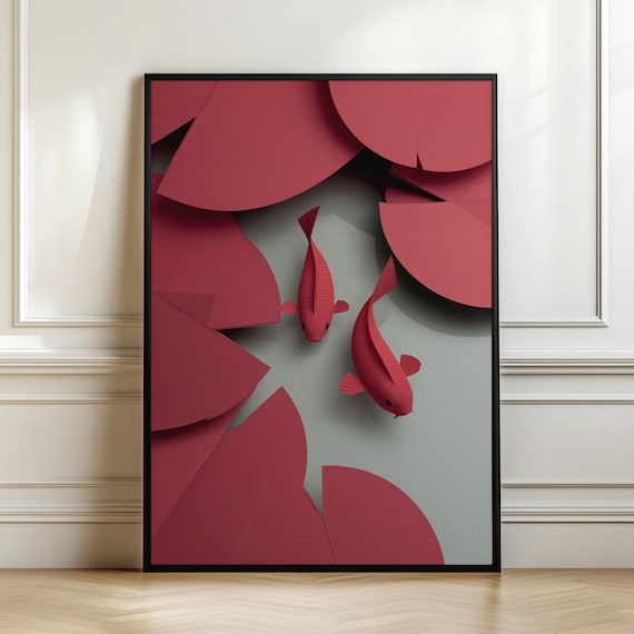 Minimalist Koi Fish Pond Wall Art Japanese Inspired Poster Zen Minimal Decor Modern Print Digital Download