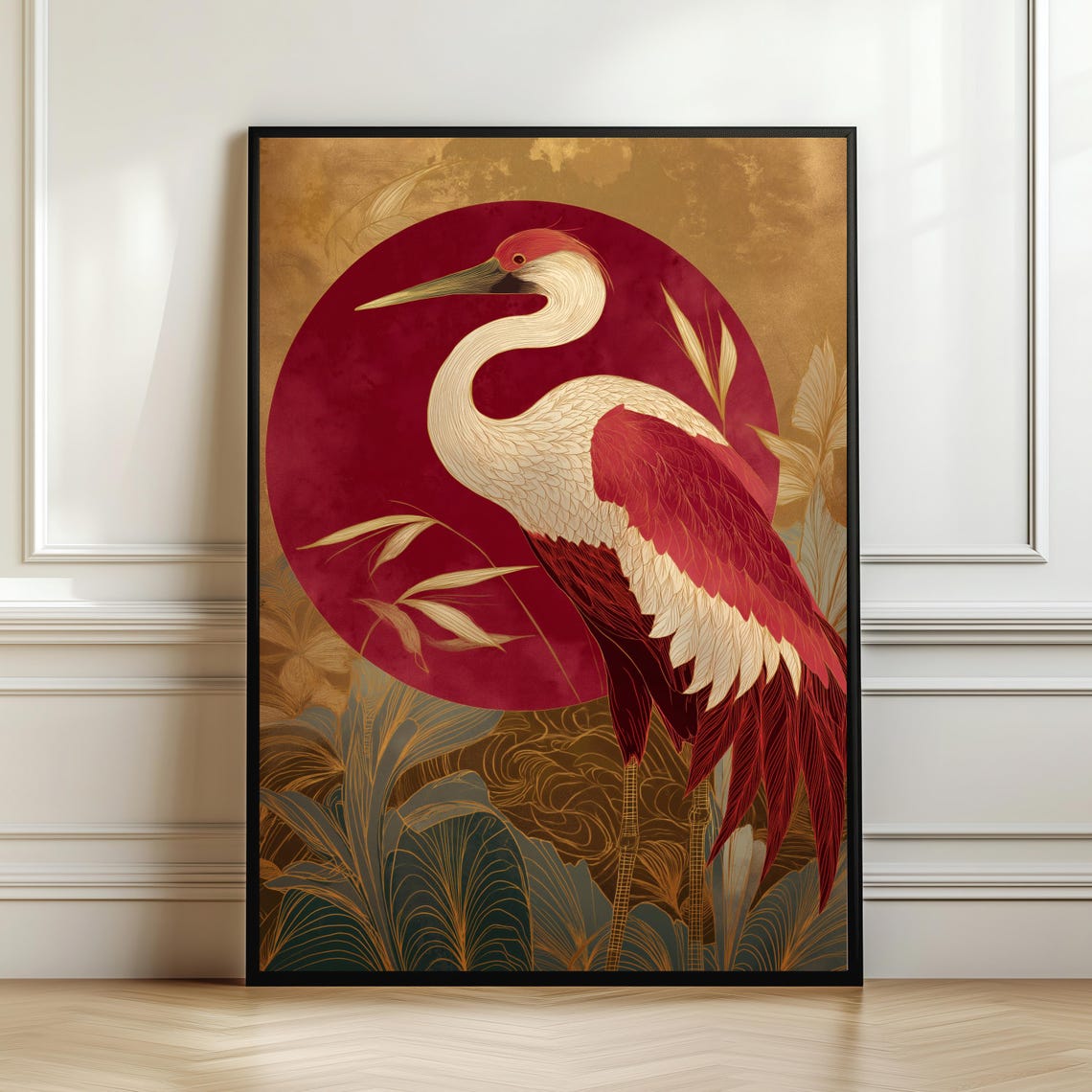 Japanese Red Sun Crane Bird Elegant Oriental Art Nature Poster