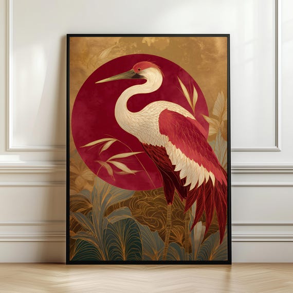 Japanese Red Sun Crane Poster Elegant Asian Bird Wall Art Luxury Japandi Nature Print Oriental Botanical Decor Gift Digital Download