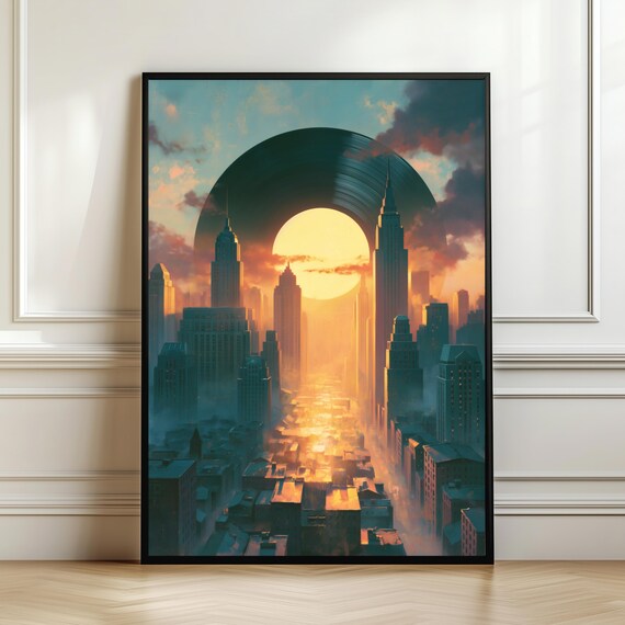 Vinyl Record Cityscape Wall Art Sunset Music Poster Retro Skyline Print Dreamy Urban Decor Lover Gift Digital Download