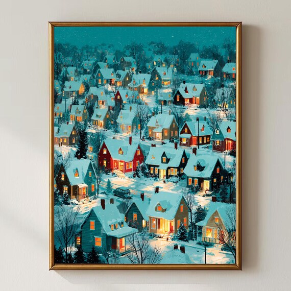 Cozy Winter Village Wall Art Snowy Christmas Town Illustration Warm Holiday Lights Print Vintage Decor Digital Download