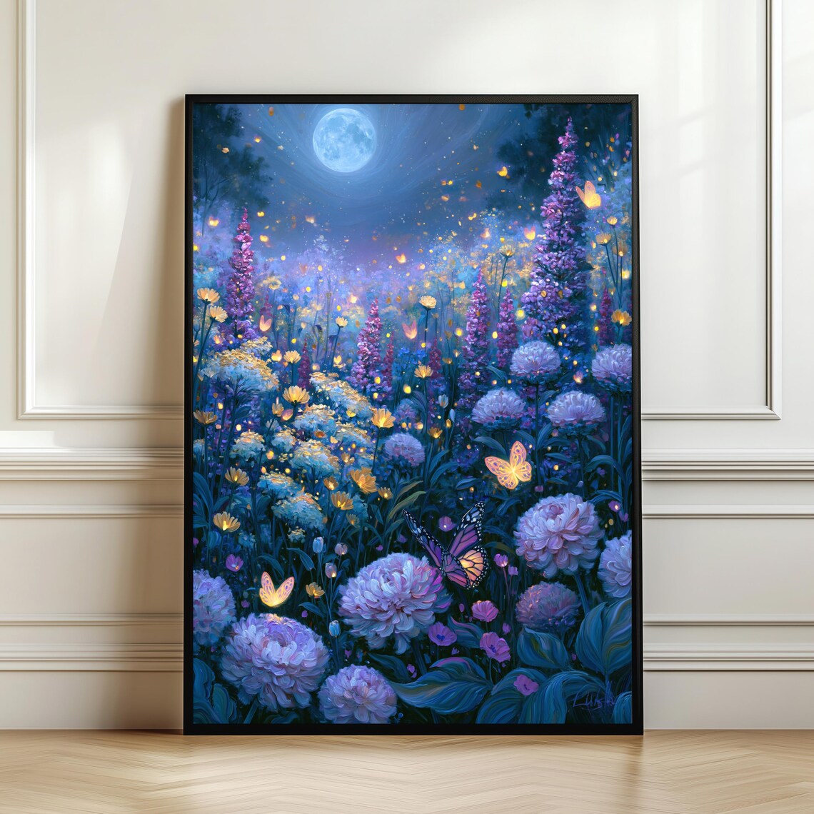 Butterfly Night Garden, Celestial Nature Art Print