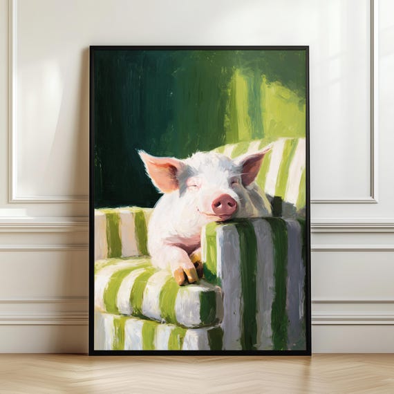 Pig Relaxing Armchair Wall Art Farm Animal Print Green Chair Poster Cozy Whimsical Nursery Decor Lover Gift Digital Download
