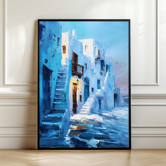 Coastal Island Wall Art Mykonos Blue White Painting Mediterranean Print Textured Oil Landscape Decor Digital Download