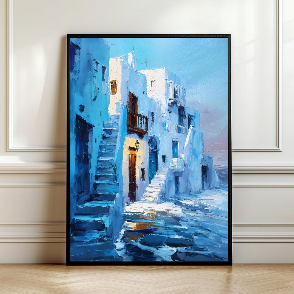 Blue Mediterranean Alley At Dusk Impasto Oil Painting Street Art Poster