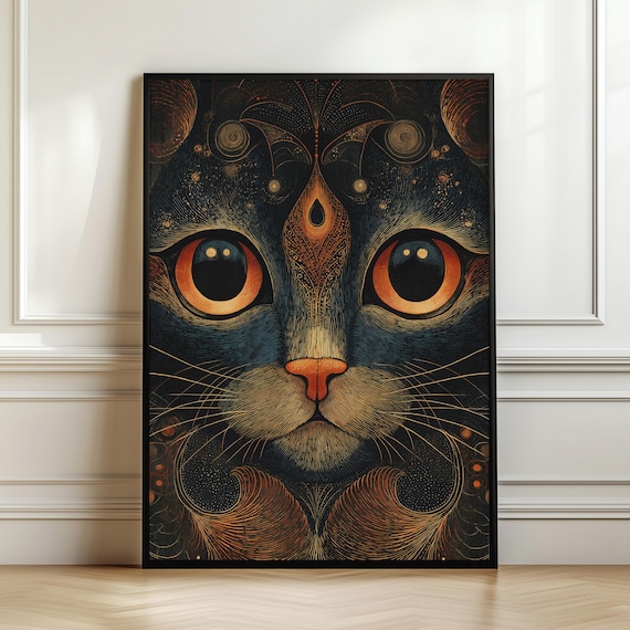 Mystical Cat Wall Art Celestial Print Witchy Decor Dark Aesthetic Artwork Spiritual Animal Poster Unique Gift Digital Download