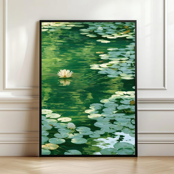 Emerald Lily Pond Wall Art Water Painting Impressionist Botanical Print Cottagecore Decor Digital Download