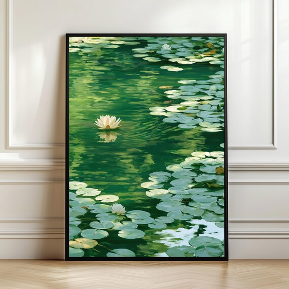 Emerald Water Lily Pond Impressionist Floral Painting Serene Lake Poster