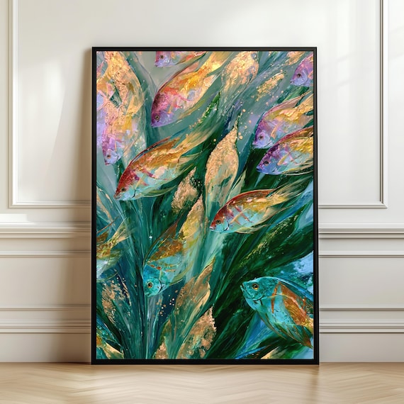Iridescent Fish School Emerald Water Golden Leaves Ocean Poster