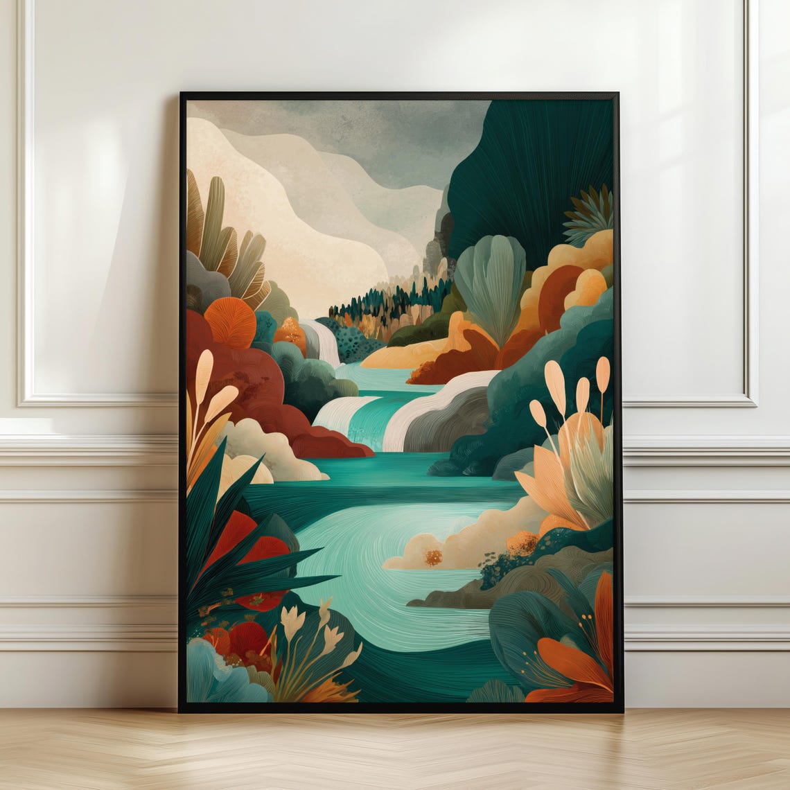 Abstract Tropical River Landscape Warm Earth Tones Modern Art Poster