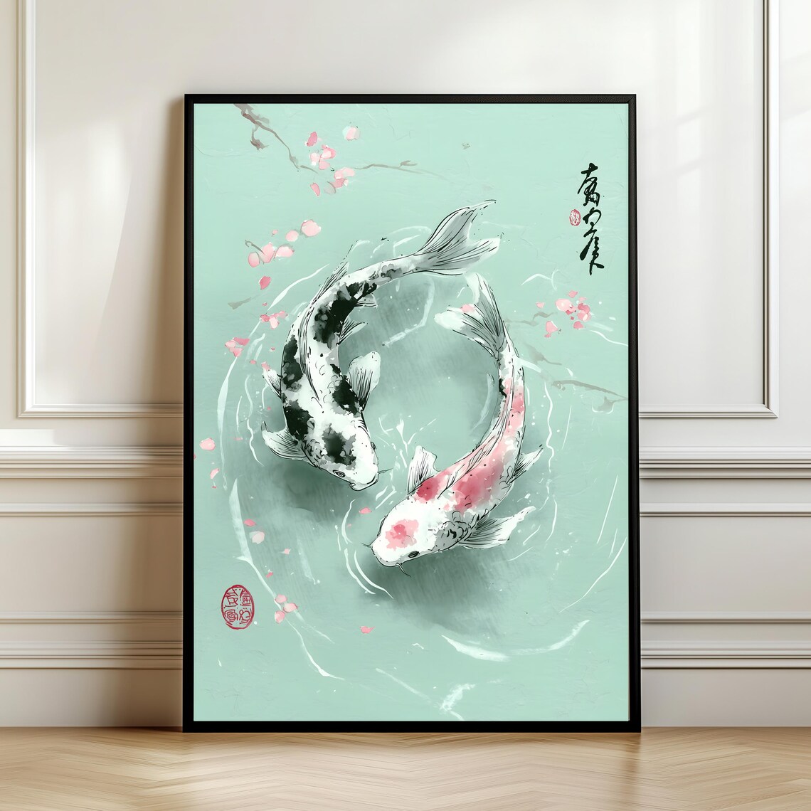 Two Koi Fish Ink Painting With Cherry Blossoms Japanese Art Poster