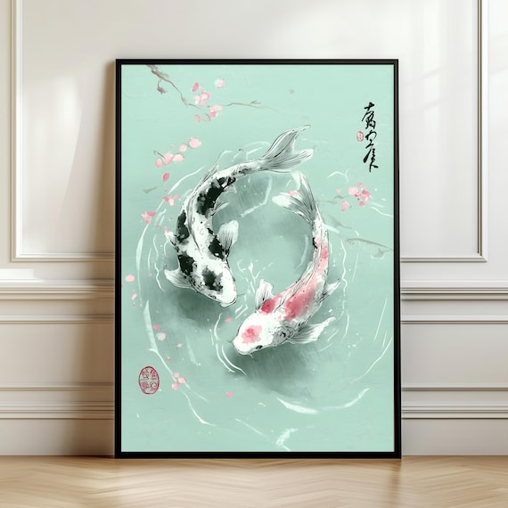Mint Green Sumie Koi Fish Wall Art Japanese Ink Painting Yin Yang Illustration Zen Minimal Decor Gift Digital Download