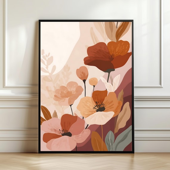 Boho Terracotta Floral Abstract Flower Minimal Botanical Wall Art