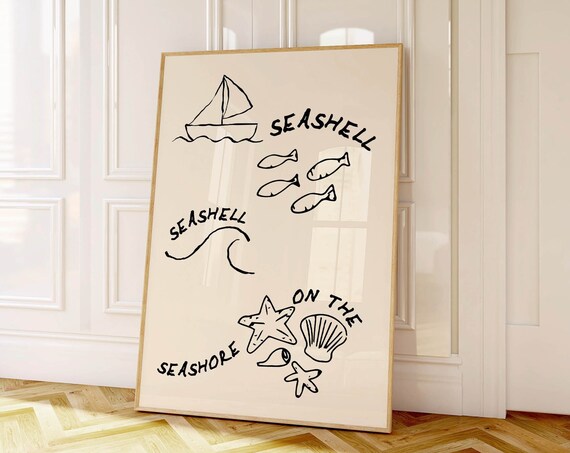 Seashell On The Seashore Black Coastal Line Art Minimalist Poster