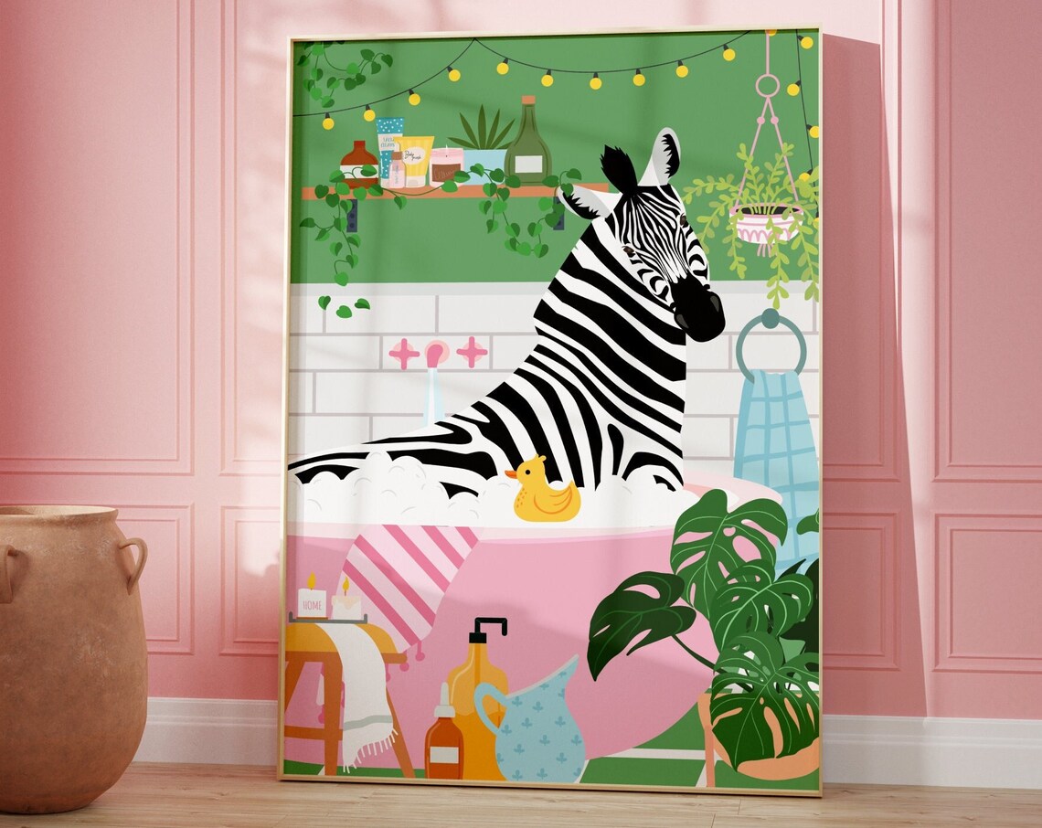Playful Zebra in a Pink Bathtub Whimsical Bathroom Art Poster