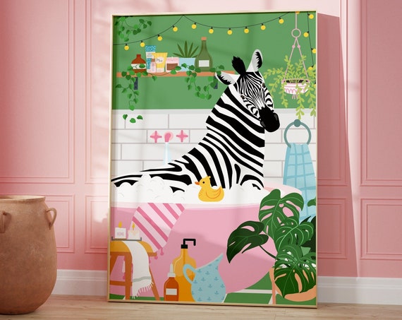 Zebra In Bath Print Bathroom Wall Decor Boho Plant Poster Animal Art Colourful A5a4a3a2a15x74x6